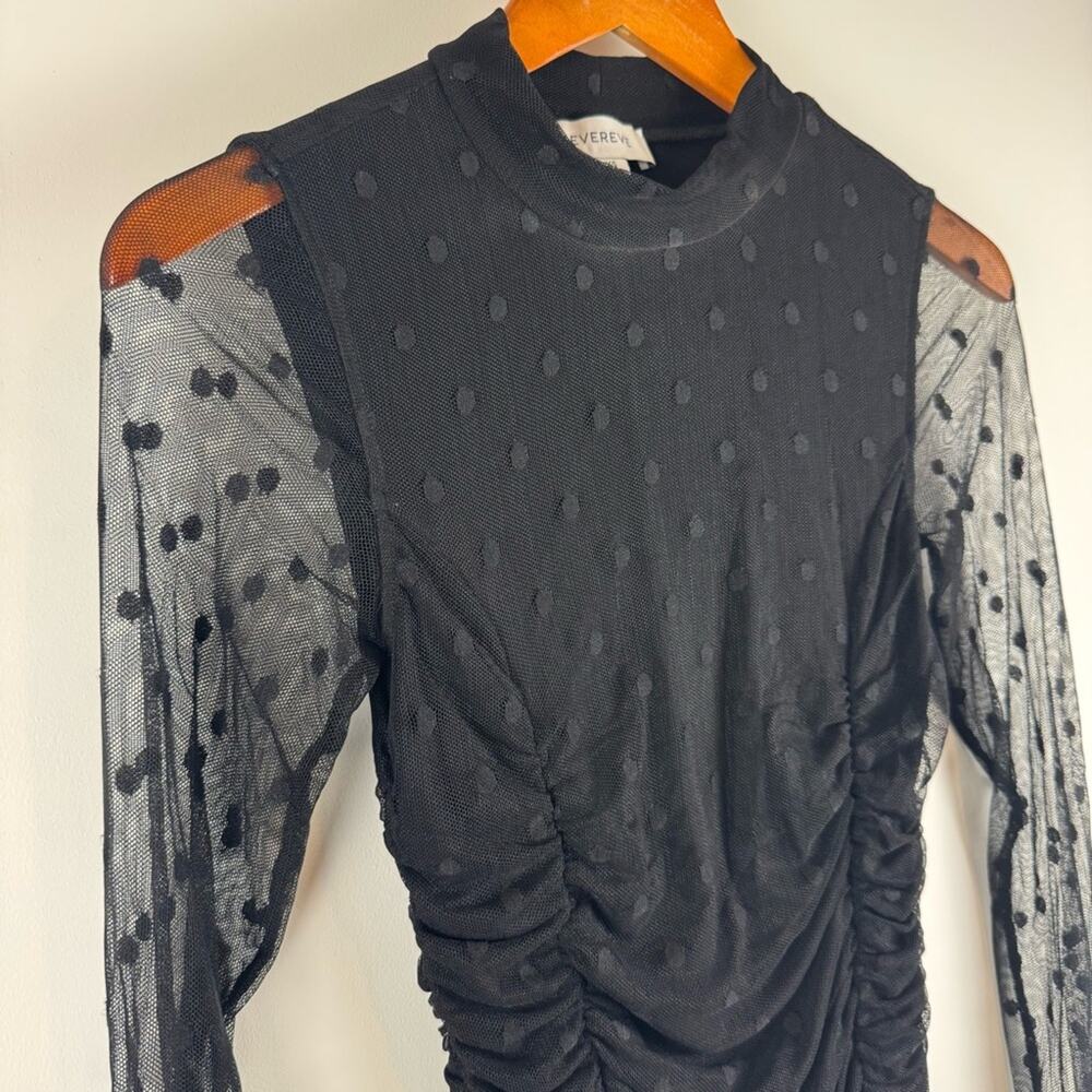 Evereve Sheer Black Ruched Top with Polka Dot Detail ~ XS - Picture 2 of 12